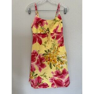 Nostalgic 90s RAVE Spaghetti Strap Dress Made In USA Medium Pink Yellow Flowers